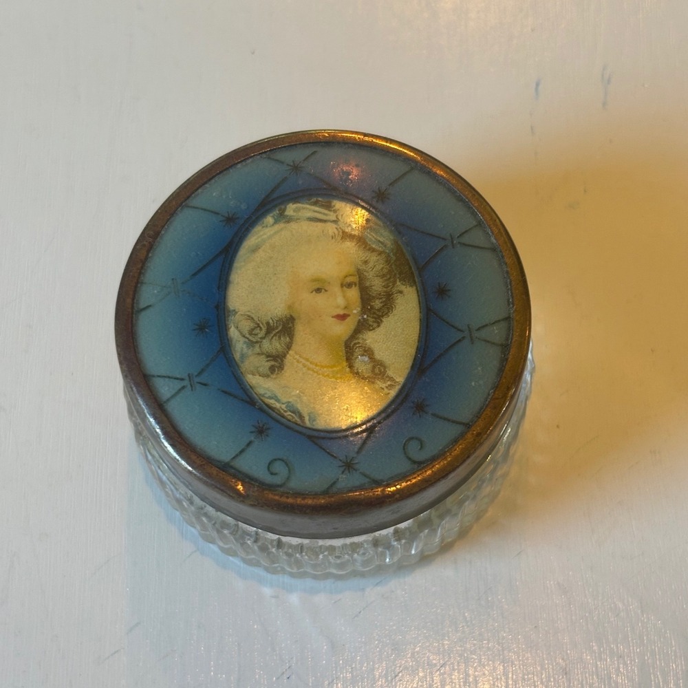 Antique Portrait Miniature Glass Vanity Jar Blue Guilloche Enamel Lid 2 Inch
